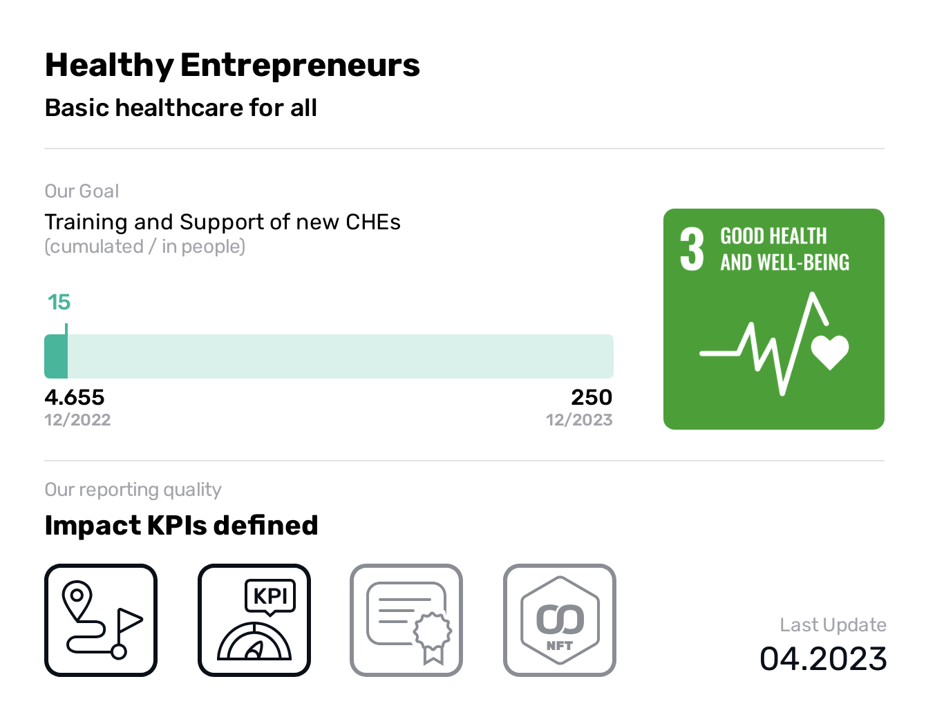  Healthy Entrepreneurs, SDG 3, Training and Support of new CHEs,Good Health and Well-being, Basic healthcare for all, Our mission is to train men and women to become community health entrepreneurs. Via the network of entrepreneurs a large set of affordable health products and services, that have been proven effective, are delivered to the last mile.