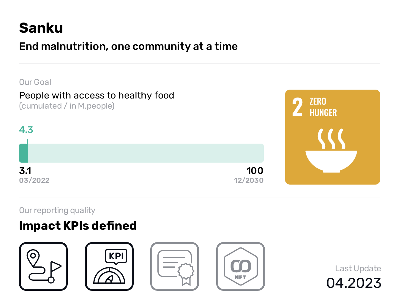  Sanku, SDG 2, People with access to healthy food,Zero Hunger, End malnutrition, one community at a time, We scale technology and business solutions that put critical nutrients into the food that hundreds of millions of malnourished people eat the most. By doing so, we are guaranteeing that every meal, for every mother and child, contains lifesaving nutrients, forever.