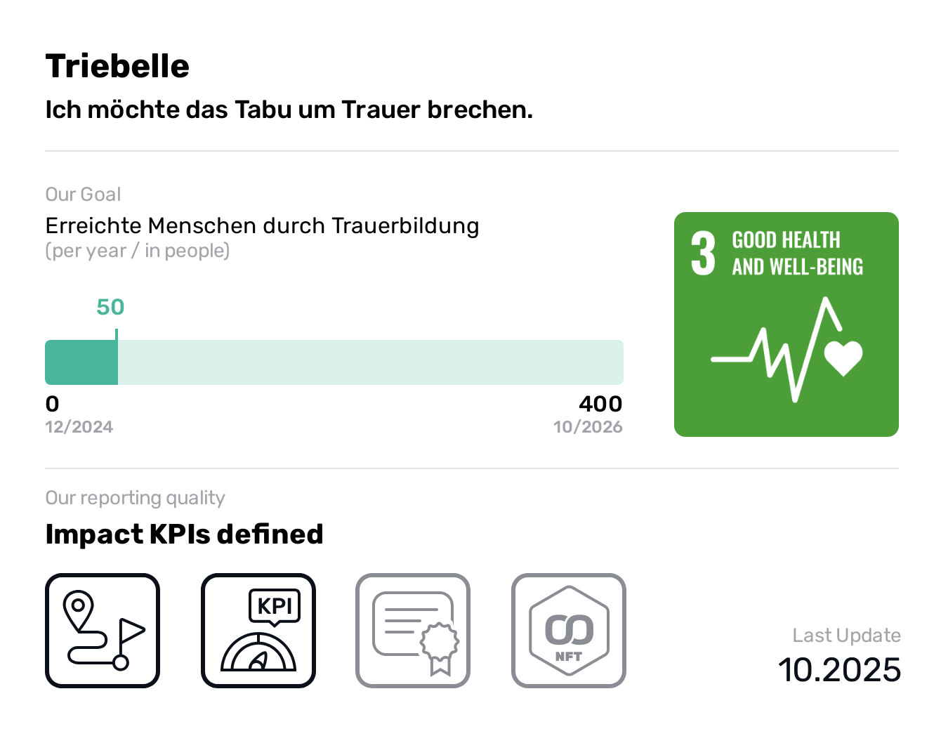  Triebelle, SDG 3, Erreichte Menschen durch Trauerbildung,Good Health and Well-being, Ich möchte das Tabu um Trauer brechen., Meine Vision ist es, das Tabu um Trauer zu brechen und Trauer als natürlichen Teil des Lebens in unserer Gesellschaft sichtbar zu machen. Ich möchte Räume schaffen, in denen Trauernde Unterstützung, Verständnis und Austausch finden – in Unternehmen wie im privaten Umfeld. So leiste ich einen Beitrag zu seelischer Gesundheit und sozialem Wohlbefinden (SDG 3). Meine Arbeit ist nicht gemeinnützig, sondern werteorientiert und auf nachhaltige Wirkung im Umgang mit Verlust ausgerichtet.
