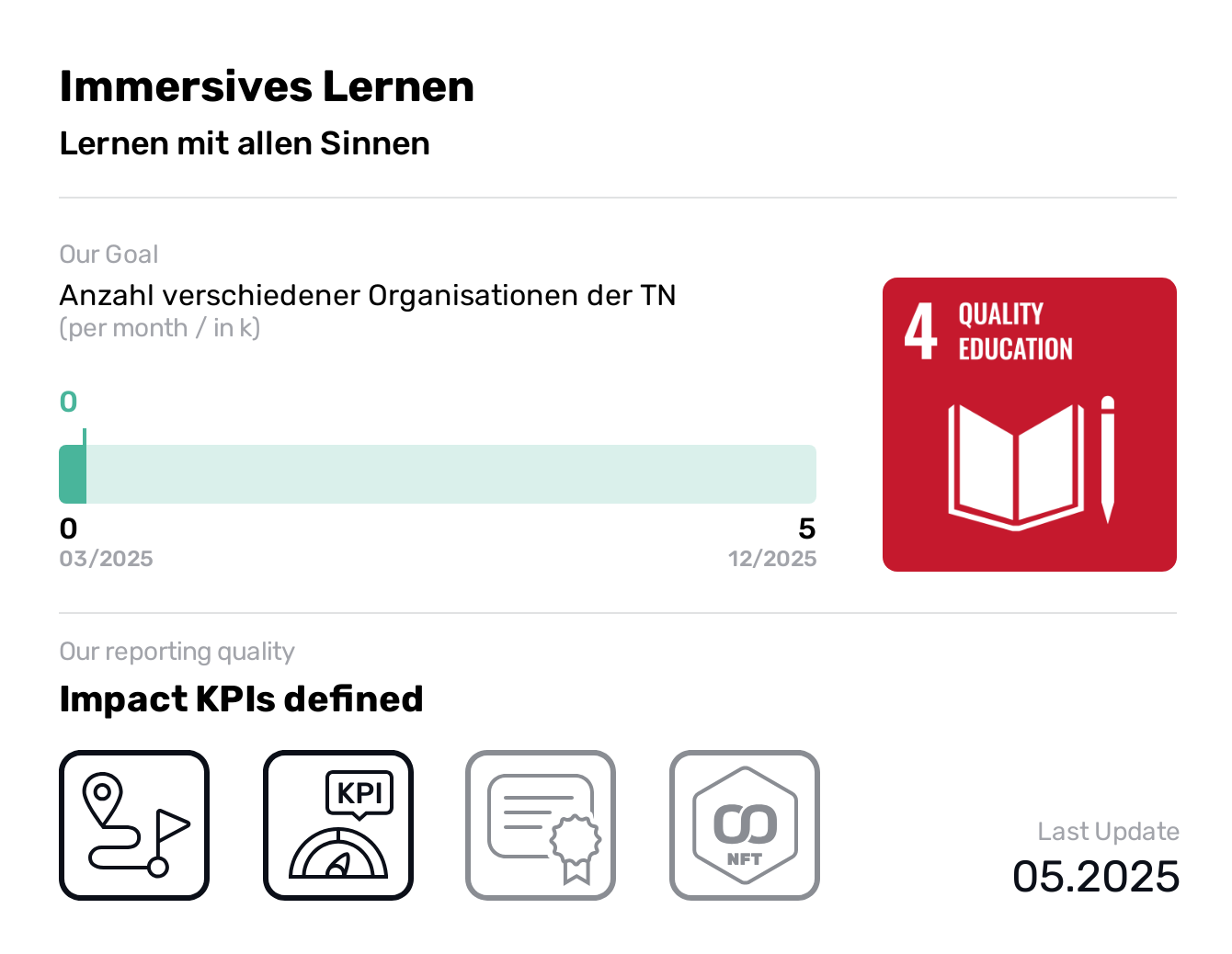  Immersives Lernen, SDG 4, Anzahl verschiedener Organisationen der TN,Quality Education, Lernen mit allen Sinnen, Vision
Wir stellen uns eine Welt vor, in der alle Menschen ein Leben lang Zugang zu hochwertiger Bildung haben.
Unsere Vision ist es, dass Lernen wieder Spaß macht und alle Sinne anspricht. 

Mission
Wir schaffen Orte und Räume für spielerisches, immersives Lernen.

Nutzenversprechen
Betriebliche Weiterbildung, die Spaß macht und nachhaltig wirkt.