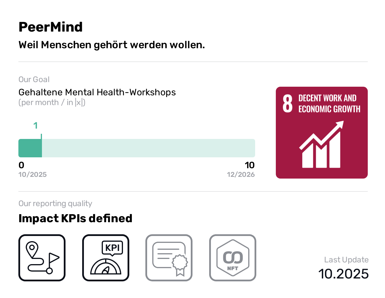  PeerMind, SDG 8, Gehaltene Mental Health-Workshops,Decent Work and Economic Growth, Weil Menschen gehört werden wollen., PeerMind bringt eine externe Vertrauensperson mit persönlicher Erfahrung in psychosozialen Krisen direkt in Unternehmen. Der Peer-Ansatz schafft eine vertrauensvolle Verbindung auf Augenhöhe und öffnet so den Zugang zu Hilfe, wo sonst oft Barrieren bestehen. Mit den drei Säulen Beraten, Begleiten und Aufklären unterstützt PeerMind Mitarbeitende mit Einzelgesprächen, Workshops und Orientierung bei Krisen vor Ort. Das Projekt startet in Leipzig und richtet sich an Unternehmen jeder Größe.