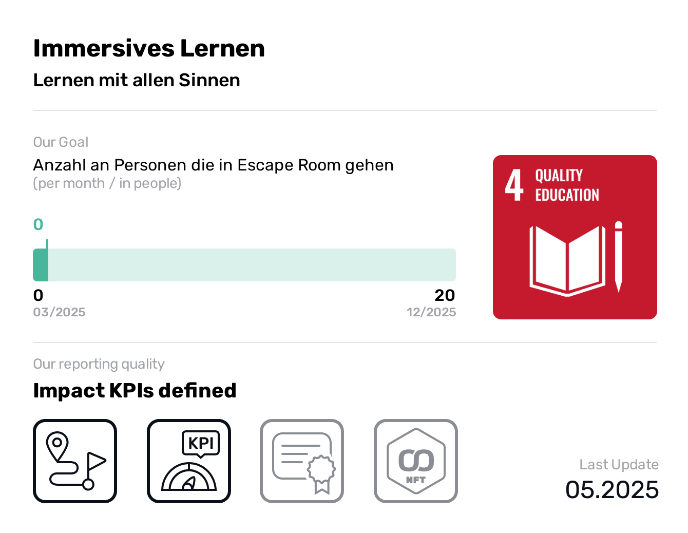  Immersives Lernen, SDG 4, Anzahl an Personen die in Escape Room gehen,Quality Education, Lernen mit allen Sinnen, Vision
Wir stellen uns eine Welt vor, in der alle Menschen ein Leben lang Zugang zu hochwertiger Bildung haben.
Unsere Vision ist es, dass Lernen wieder Spaß macht und alle Sinne anspricht. 

Mission
Wir schaffen Orte und Räume für spielerisches, immersives Lernen.

Nutzenversprechen
Betriebliche Weiterbildung, die Spaß macht und nachhaltig wirkt.