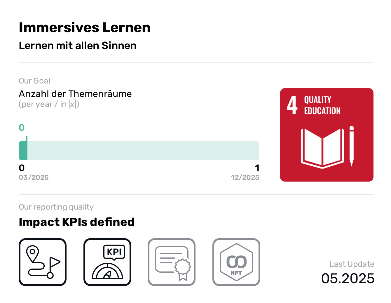  Immersives Lernen, SDG 4, Anzahl der Themenräume,Quality Education, Lernen mit allen Sinnen, Vision
Wir stellen uns eine Welt vor, in der alle Menschen ein Leben lang Zugang zu hochwertiger Bildung haben.
Unsere Vision ist es, dass Lernen wieder Spaß macht und alle Sinne anspricht. 

Mission
Wir schaffen Orte und Räume für spielerisches, immersives Lernen.

Nutzenversprechen
Betriebliche Weiterbildung, die Spaß macht und nachhaltig wirkt.