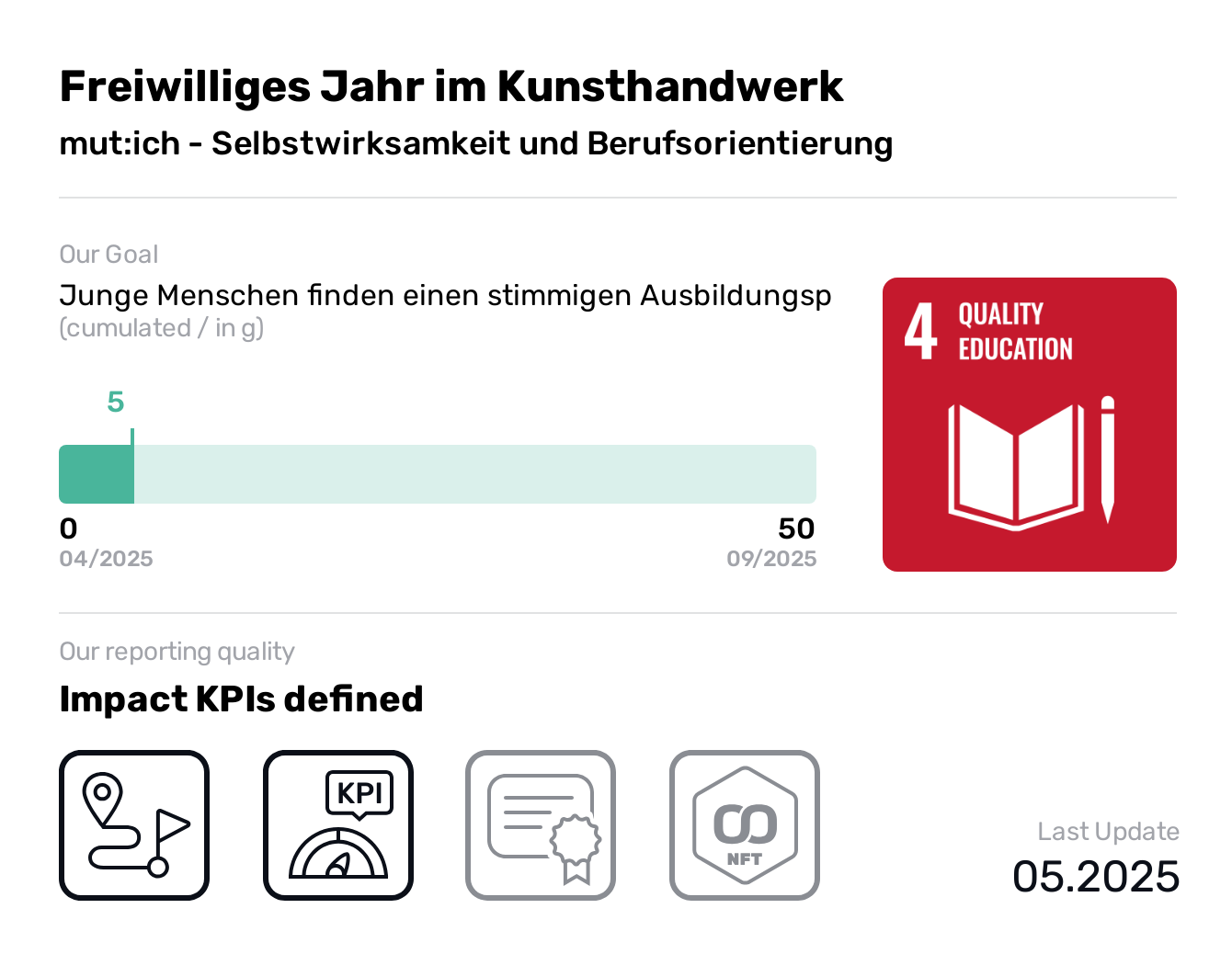  Freiwilliges Jahr im Kunsthandwerk, SDG 4, Junge Menschen finden einen stimmigen Ausbildungsp,Quality Education, mut:ich - Selbstwirksamkeit und Berufsorientierung, Das Freiwilligenjahr im Kunsthandwerk ermöglicht jungen Menschen über kreatives Tun Selbstwirksamkeit zu erfahren, sich praktisch auszuprobieren und einen stimmigen Berufswunsch zu entwickeln. So gestalten sie ihr Leben und die Gesellschaft.