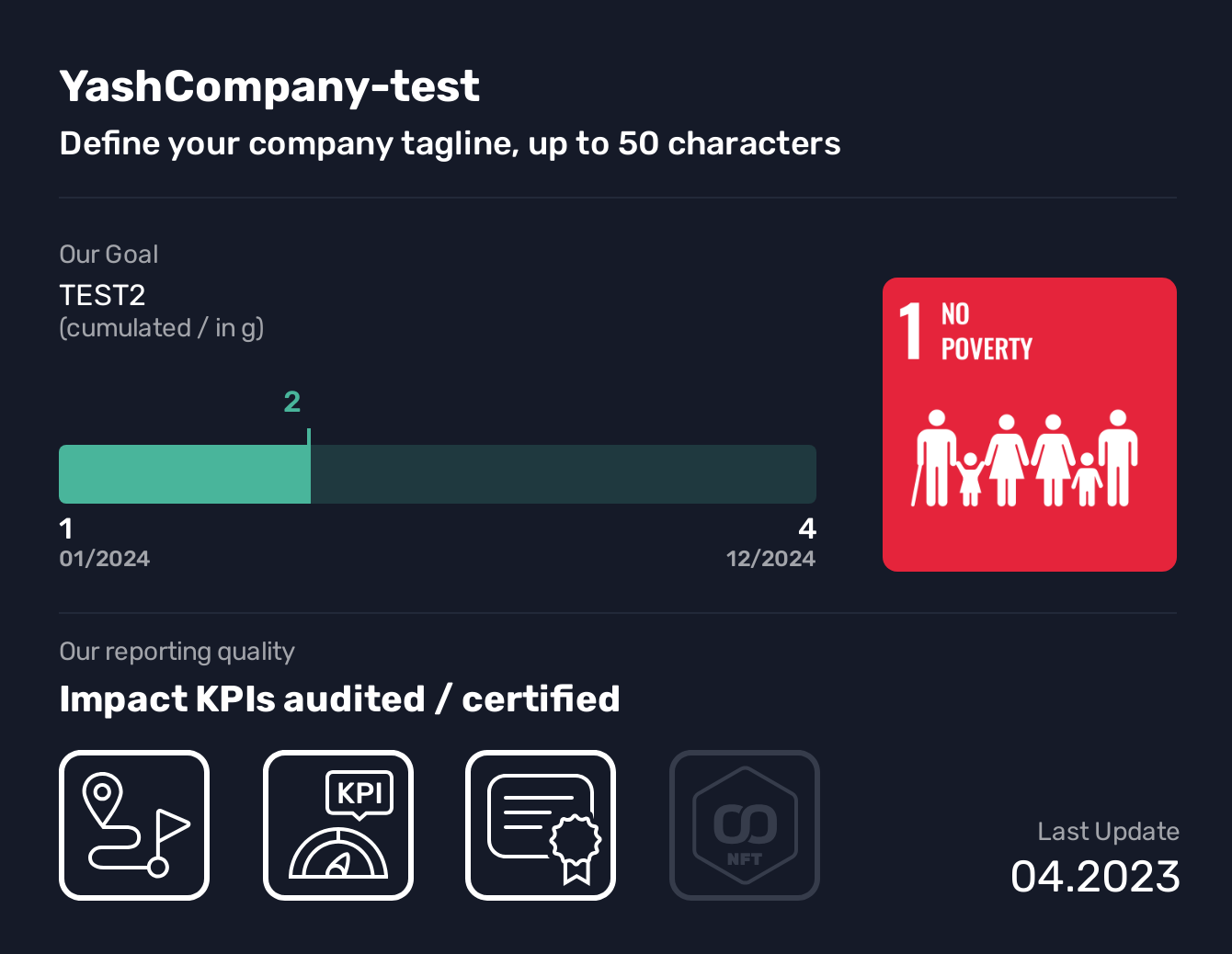  YashCompany-test, SDG 1, TEST2,No Poverty, Define your company tagline, up to 50 characters, Define your company impact charter, up to 600 characters