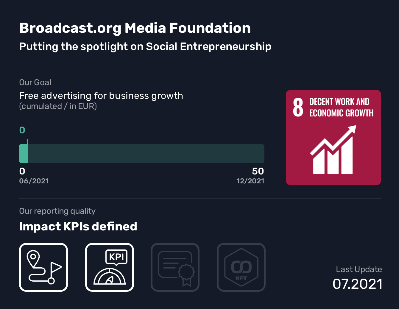  Broadcast.org Media Foundation, SDG 8, Free advertising for business growth,Decent Work and Economic Growth, Putting the spotlight on Social Entrepreneurship, We are creating an on-demand broadcast platform connecting the world digitally to increase awareness for the topic of Social Entrepreneurship. We want to spark political commitment and inspire entrepreneurs to establish Social Entrepreneurship as a common business practice. The cutting-edge content will include portraits, documentaries, content generated by social entrepreneurs around the world and general contributions about the topic of Social Entrepreneurship.