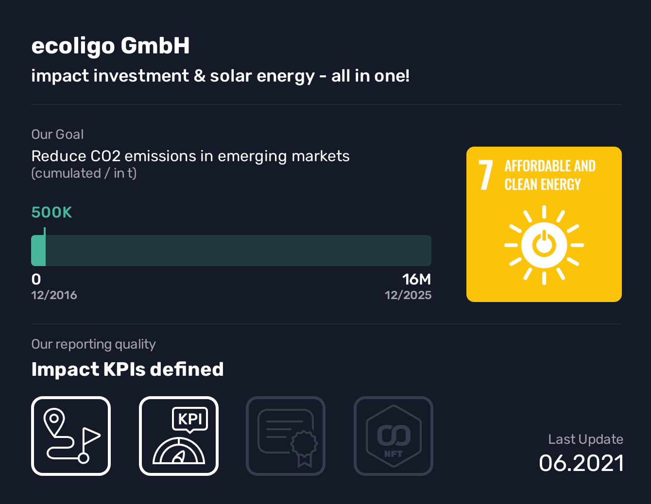  ecoligo GmbH, SDG 7, Reduce CO2 emissions in emerging markets,Affordable and Clean Energy, impact investment & solar energy -  all in one!, Ecoligo is an energy-as-a-service company that provides commercial and industrial clients in emerging markets fully-financed cost-effective energy solutions in leasing or power purchase agreements. Raising the project capital via it’s own crowdinvesting platform and focusing on scalable digital, standardized and automated processes, ecoligo has been successful to enter 6 countries with a small team.