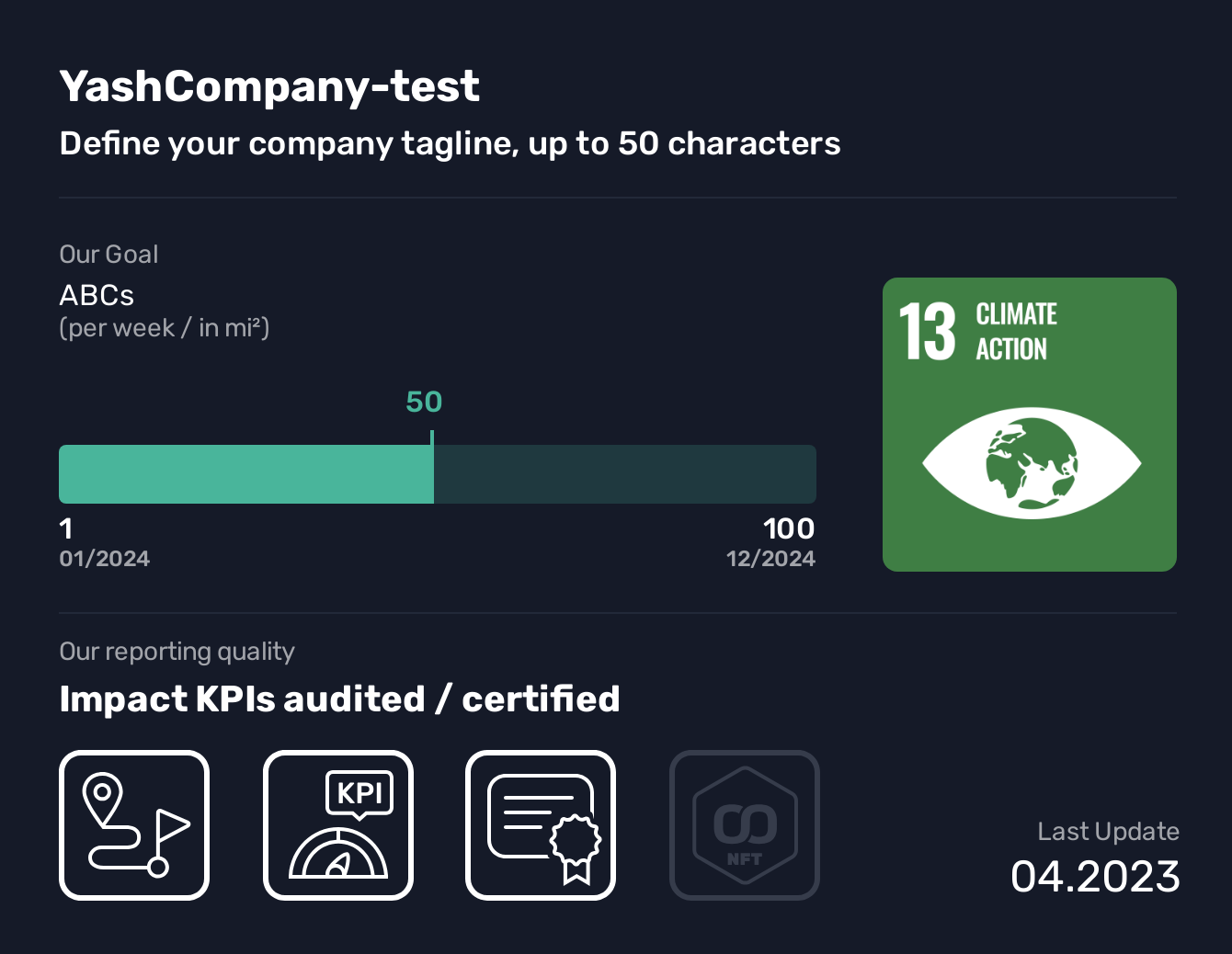  YashCompany-test, SDG 13, ABCs,Climate Action, Define your company tagline, up to 50 characters, Define your company impact charter, up to 600 characters