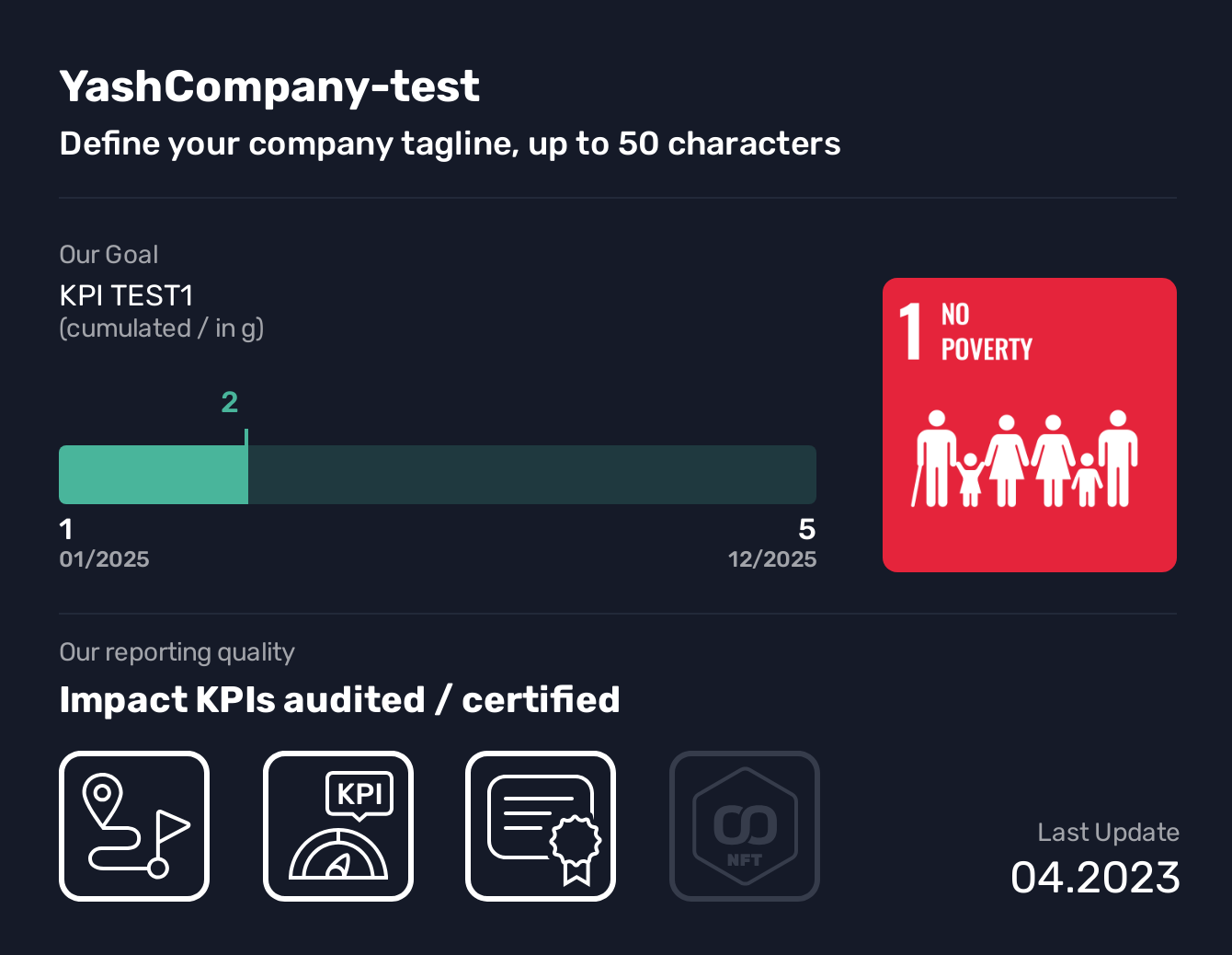  YashCompany-test, SDG 1, KPI TEST1,No Poverty, Define your company tagline, up to 50 characters, Define your company impact charter, up to 600 characters